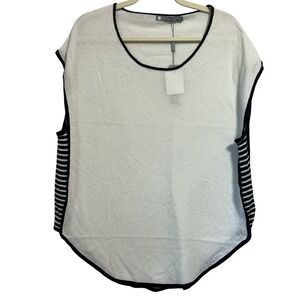 In Cashmere Whisper White Top Cap Sleeve New Size Large Black Stripe Sweater